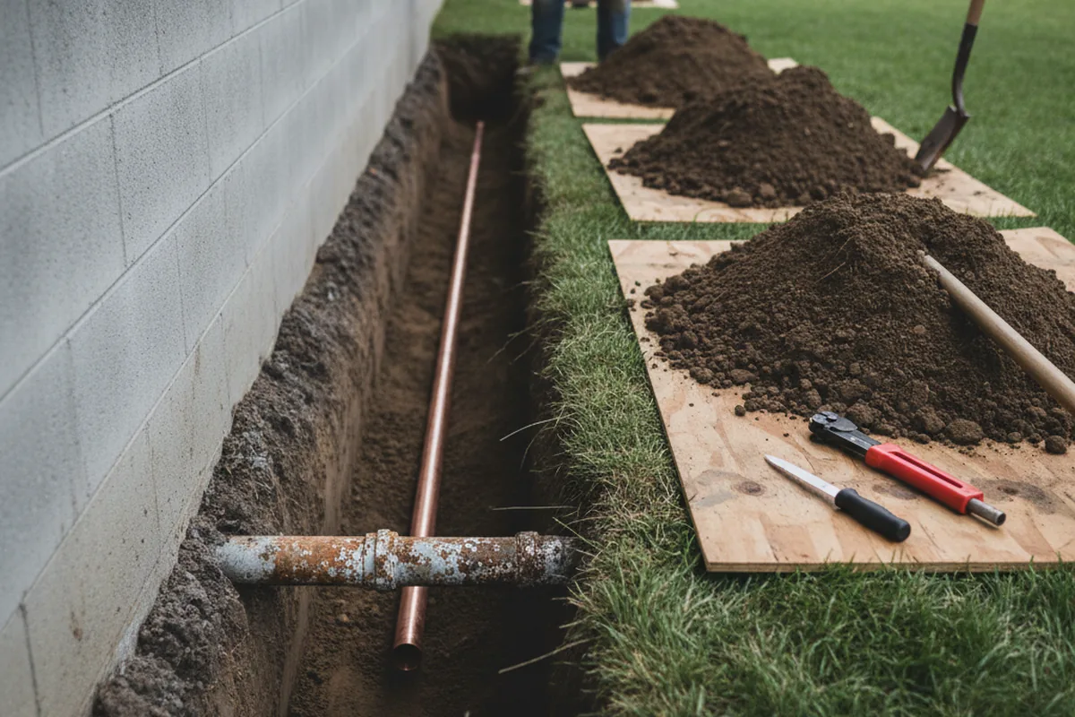 Excavated water line trench during Sewer Line Repair in Palm Springs